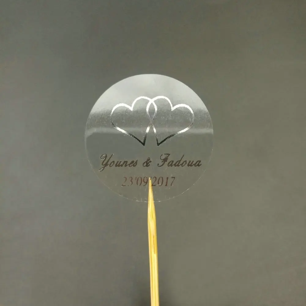 

50 X Personalised Wedding Heart Shape Transparent Silver stickers Favour Sweet