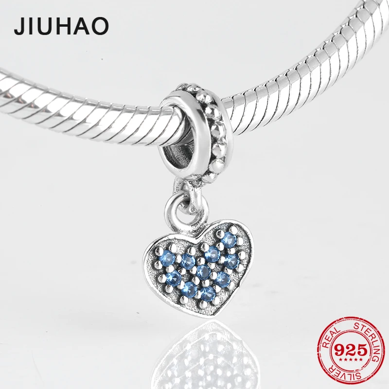 

New 925 Sterling Silver Heart shape blue CZ fine Pendant Beads Fit Original Pandora Women Bracelets Necklaces Jewelry making