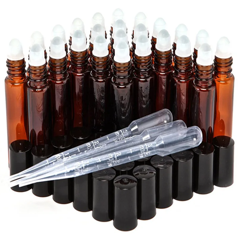 

24, Amber, 10 ml Glass Roll On Bottles with 3 - 3 ml Dropper's for perfume aromathe with glass Roller Balls