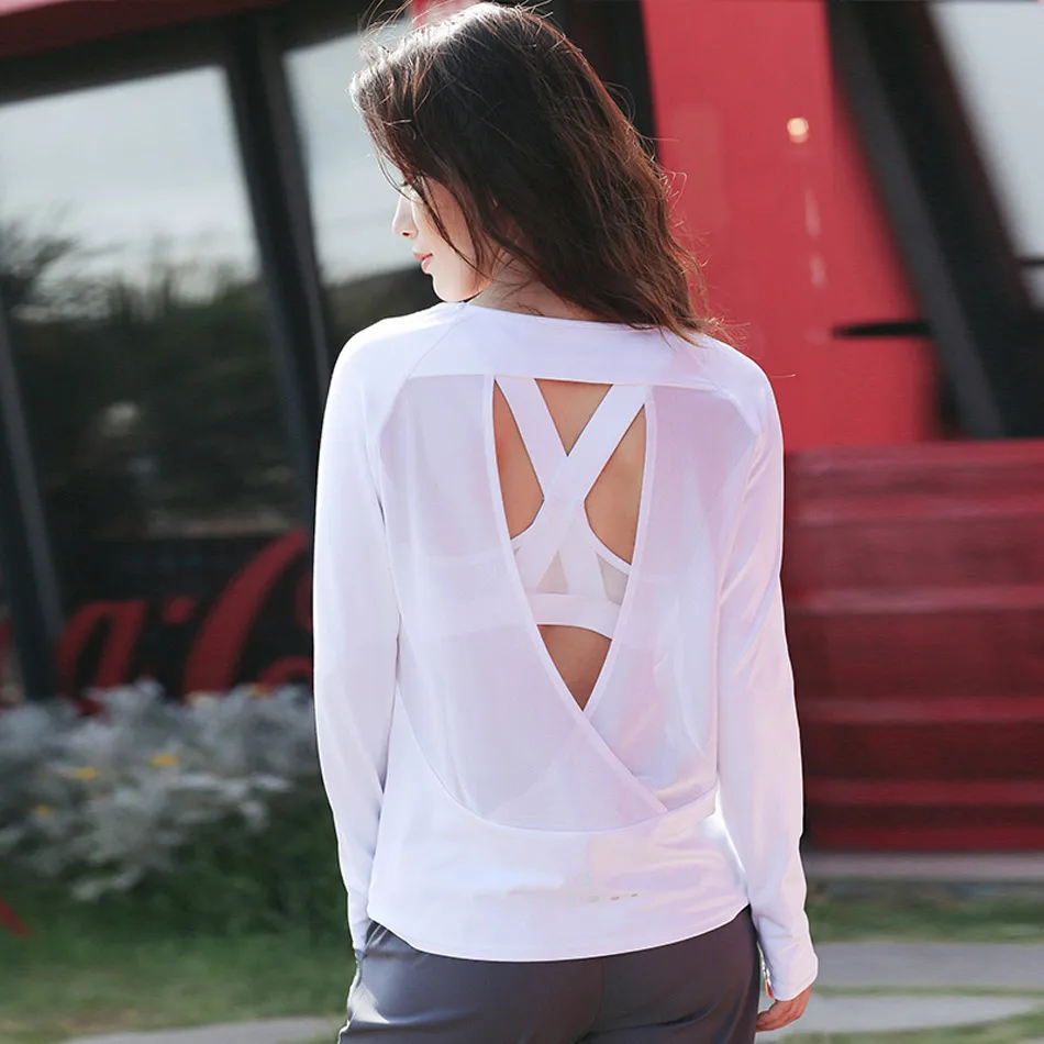 Le NaKai Спортивная рубашка с открытой спиной для женщин, с длинным рукавом, с вырезами сзади, дышащая, для тренировок, для йоги
