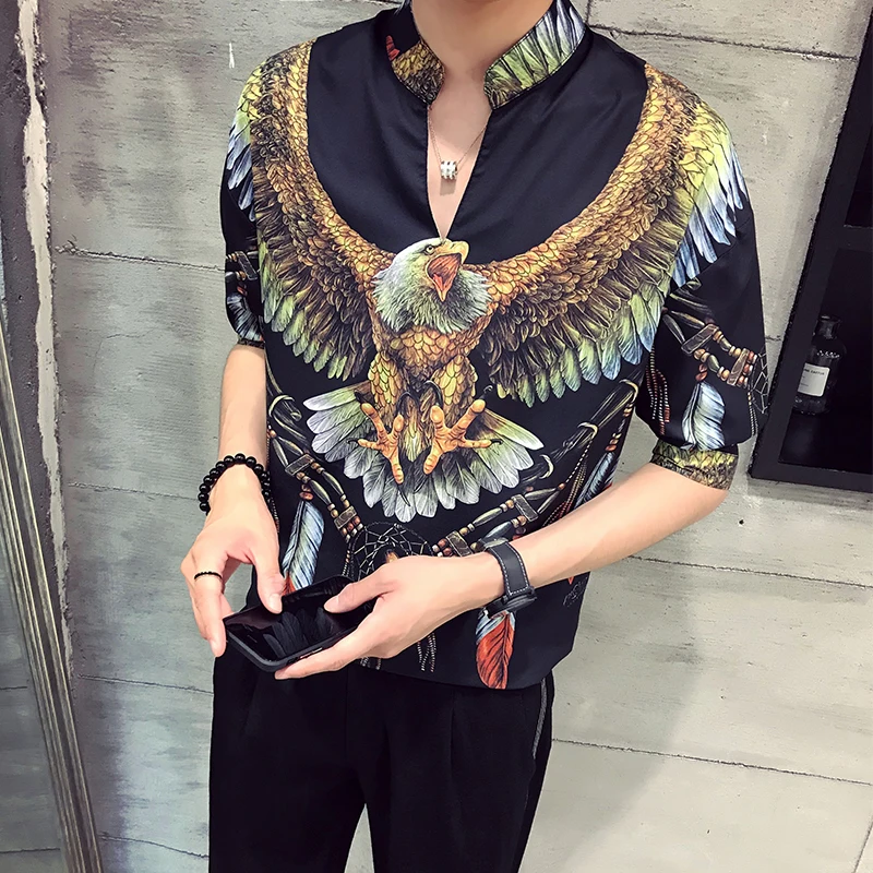 

Summer New Thin Male Sleeve Easing Printing Edition Leisure Casual Rayon Three Quarter Mandarin Collar Men Mens Shirts 2019