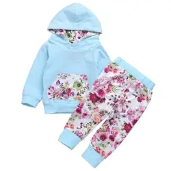 Детская одежда для девочек, толстовка с капюшоном и цветочным принтом + длинные штаны, комплекты одежды для малышей, Одежда для