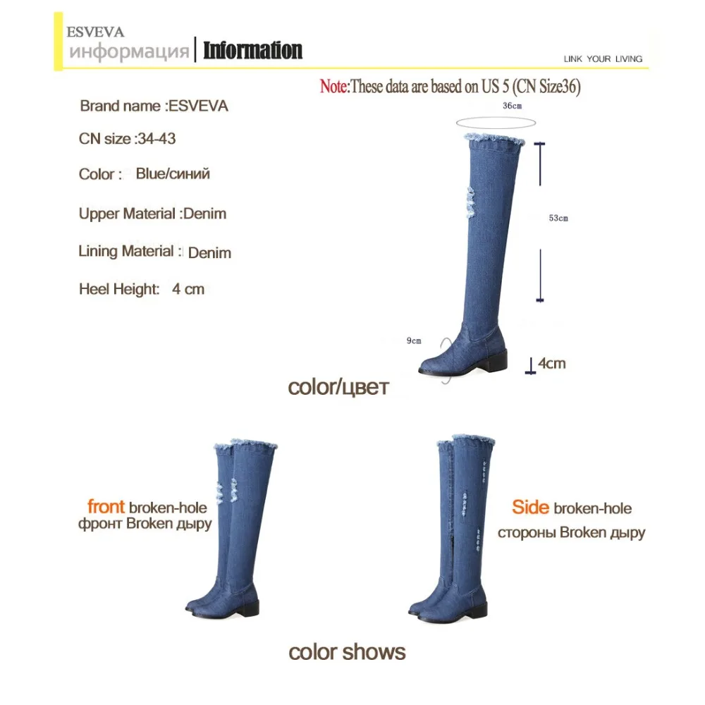 ESVEVA/ г. Джинсовые женские ботинки синие вечерние Сапоги выше колена пикантные осенние женские модные сапоги на среднем квадратном каблуке размеры 34-43