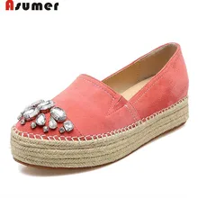 Asumer/Коллекция года; сезон весна-осень; однотонные замшевые туфли со стразами; женская обувь наивысшего качества; модная удобная обувь на плоской платформе