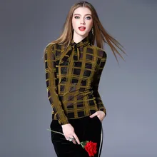 Американский стиль, новинка, осень, весна, женская мода, тонкий воротник-стойка, бант, клетчатые рубашки, Дамский Повседневный Пляжный топ, комплекты футболок