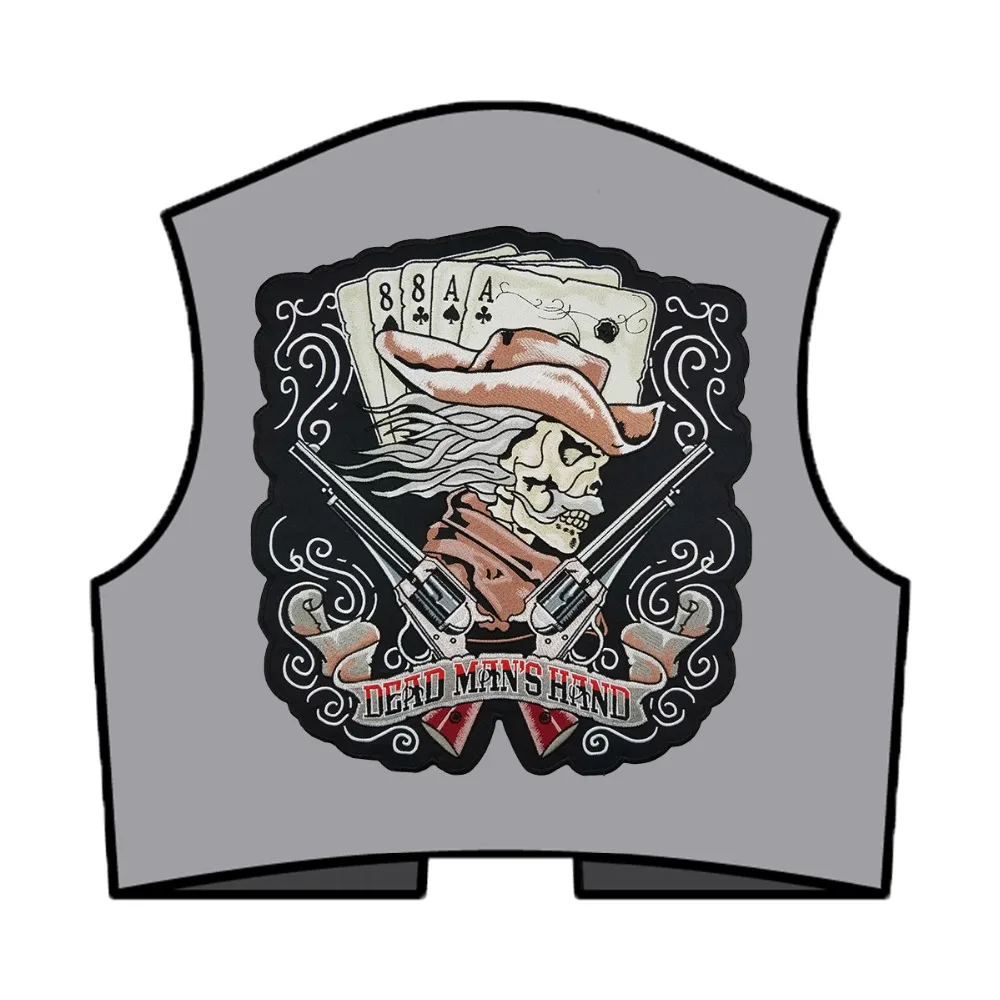 T170507 (5)Machine Embroidery Designs Custom Dead Man's Hand Cowboy & Guns Patch Large Back Sew On Patches For Clothes