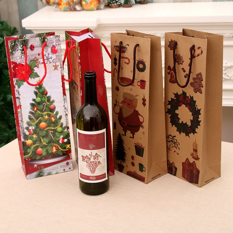 

New Arrival Christmas Wine Kraft Paper Bags Red Black Gift Bag Single Wine Bag Thickening Holiday Gift Bag Wholesale