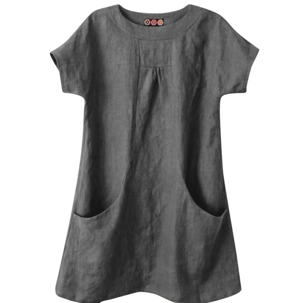 

Blouse Women Casual Solid Round Neck Short Sleeve Linen Loose Pocket Tops Blouse Shirt Blusas E Camisas Demeninas Blouses Women