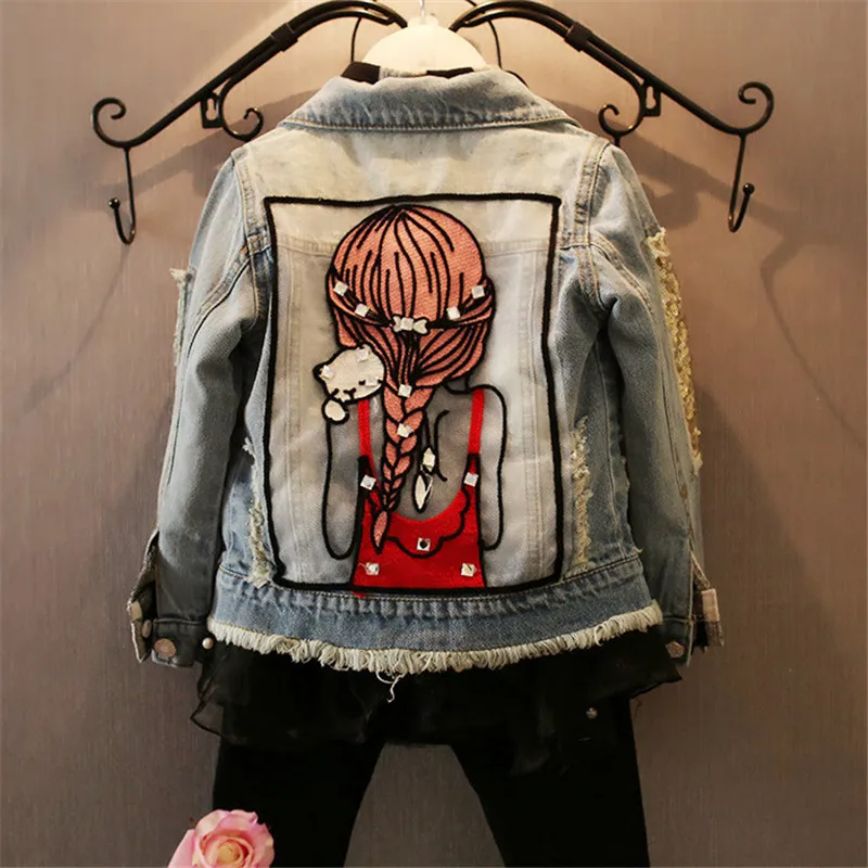 

Children Girls Jackets Cool Kid Long Sleeves Turn-down Collar Buttons Coats Pocket Girl Pattern Denim Outerwear Kids Clothes Hot