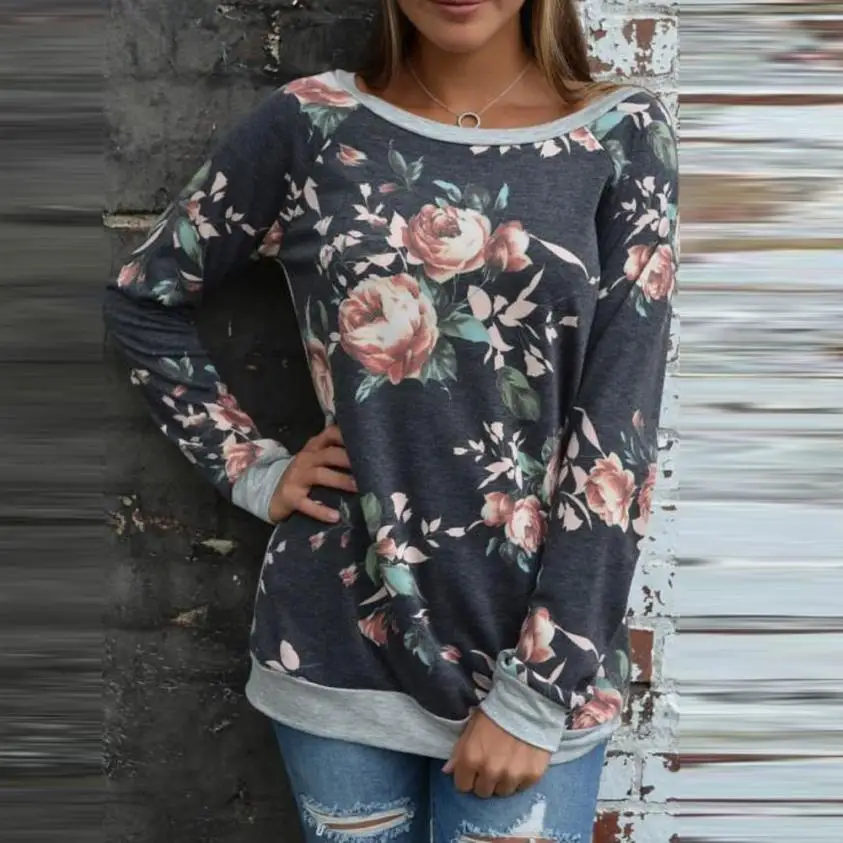 Женский Повседневный пуловер с О-образным вырезом и цветочным рисунком, модный свитер с длинным рукавом, весенняя одежда - Цвет: Серый