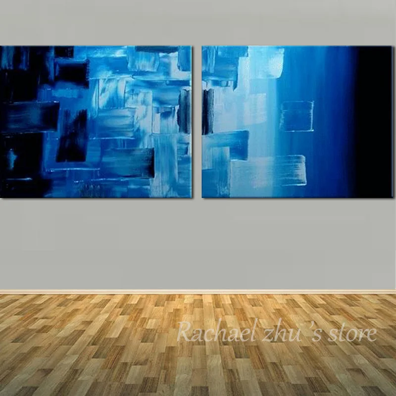 

Free Shipping Hand Painted Two Panles Blue Abstract Oil Painting On Canvas Animal Wall Pictures For Living Room Home Decoration