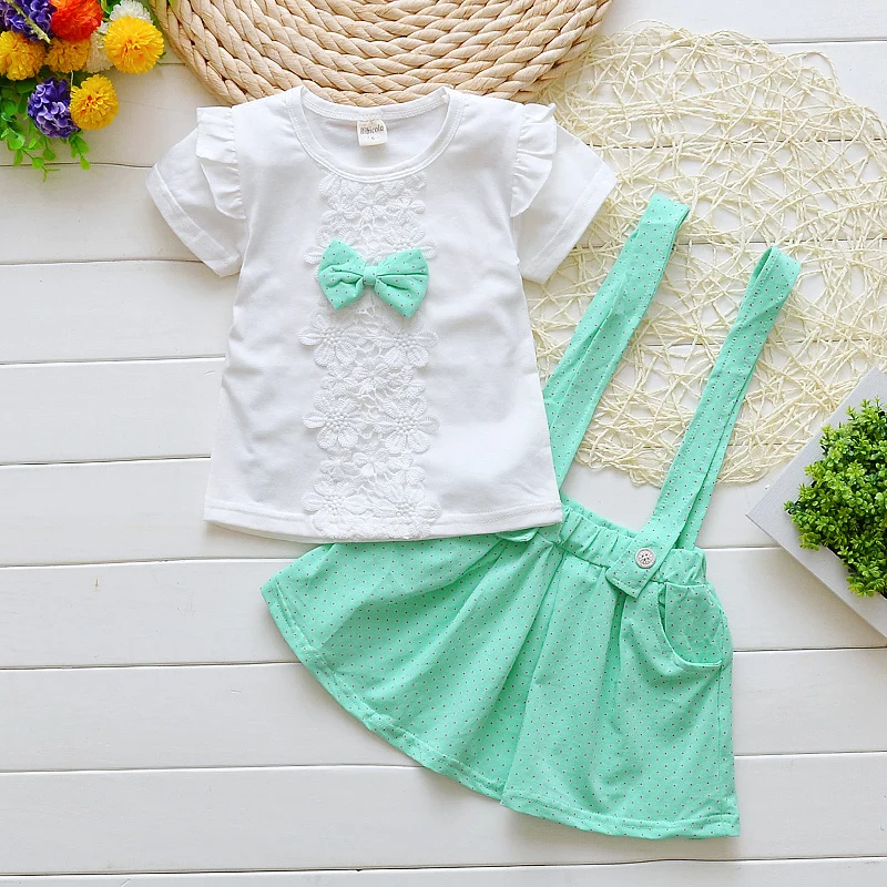 

BibiCola toddler children summer baby girls clothing sets dress suit girls Bib summer set bow 2pcs kid strap dots sport suit set
