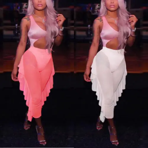 

New Sexy Womens Mesh Sheer Bikini Cover Up Ruffle Bottom Clubwear High Waist Pant Trousers See Through Bikini Cover Up