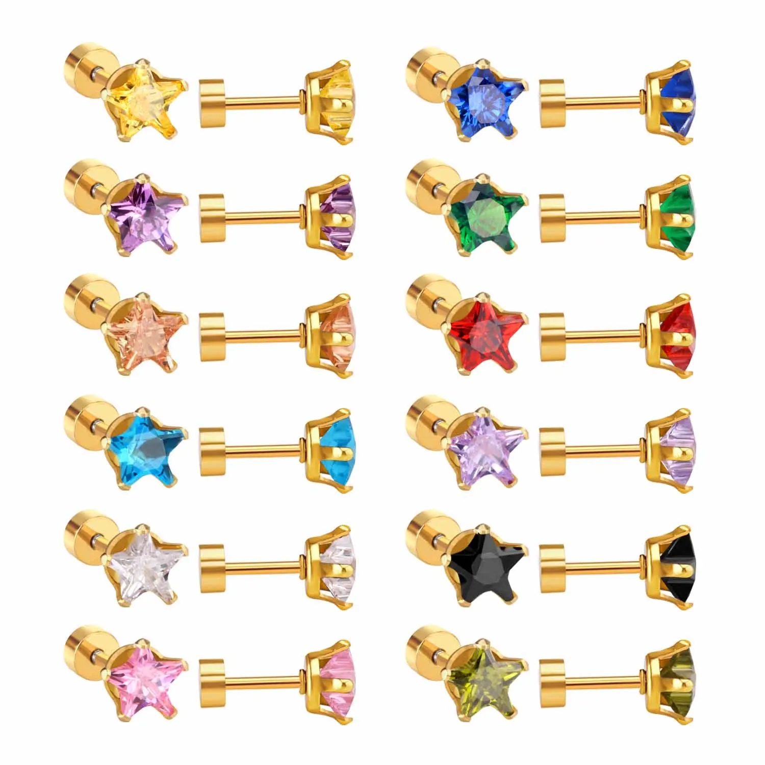 

LUXUKISSKIDS Newest 12Pairs/lot Gold Five-pointed Star Earring Mixed Crystal Screw Back Earrings