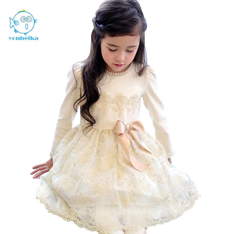 

2017 New Spring Korean Style Girls Dress Cute Pears BowKnot Lace Longsleeves Princess Dress For Wedding And Party Kids Clothing