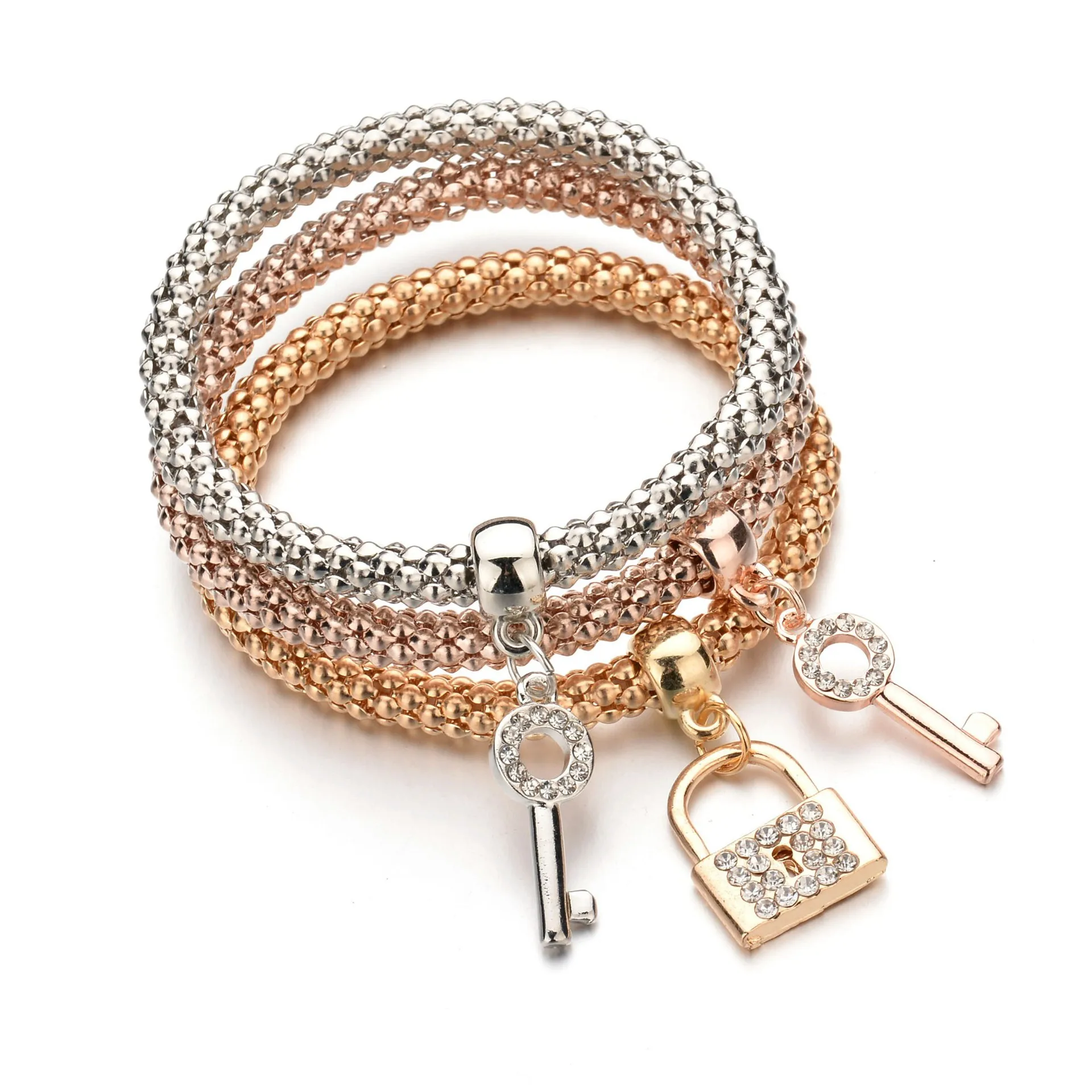 2019 NEW 3 Pcs/Set Gold/Silver Plated chain statement Bracelet crystal Key Clock pendant popcorn women | Украшения и аксессуары