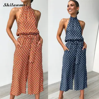 

Summer Jumpsuit Women Polka Dot Print Beach Overalls Sexy Backless Lace Up Romper Boho Jumpsuit Halter Casual Long Playsuit