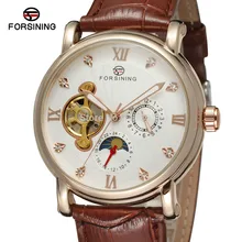 

NEW ARRIVE! FORSINING FSG800M3R3 Moon phase fashion design with rose gold color case silver dial stones brown genuine band