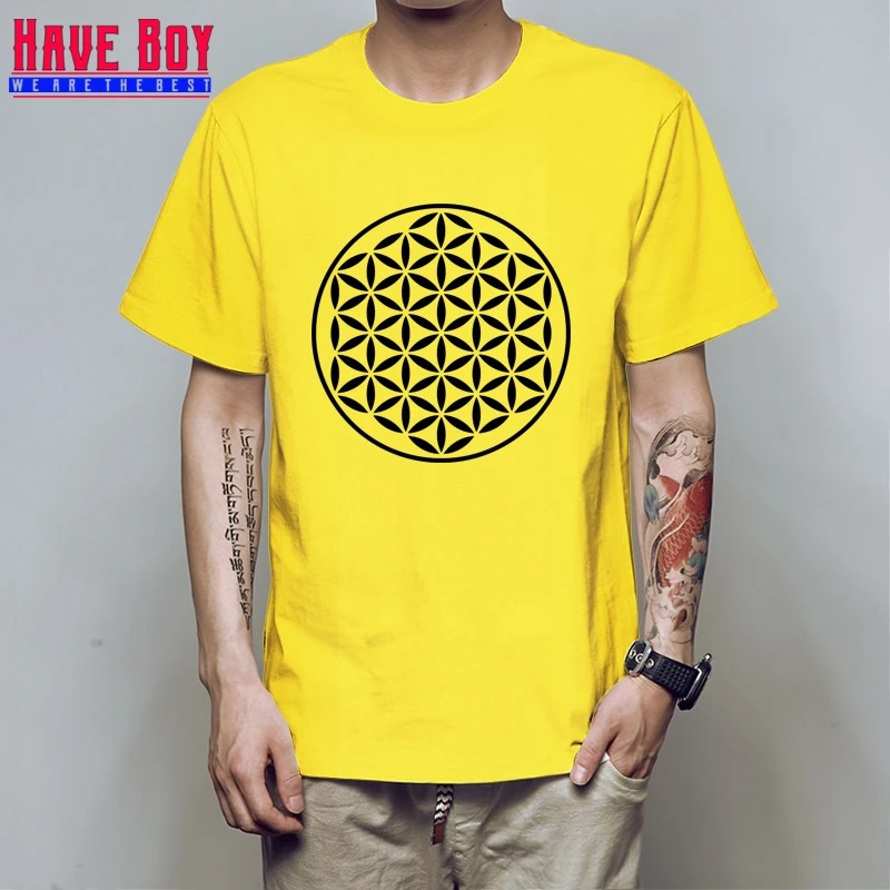 Черная Мужская футболка с надписью «Sacred Geometry», уникальная футболка в стиле хип-хоп с короткими рукавами, футболка свободного кроя из хлопка, HB28 - Цвет: yellow black