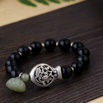 

FNJ 925 Silver Bracelet for Women Jewelry 10mm Balck Agate Beaded Chain 14mm Lotus Jade Original S925 Sterling silver Bracelets