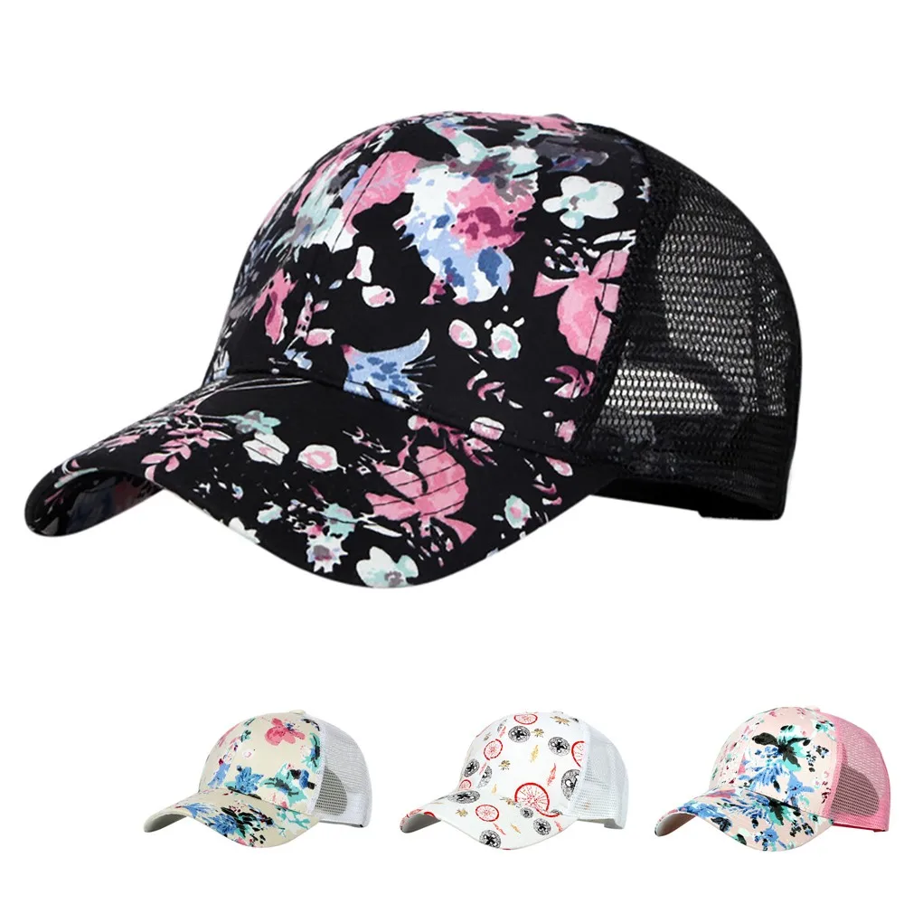 Fashion Women Adjustable Baseball Hat Flower Print Hip Hop Mesh Cap