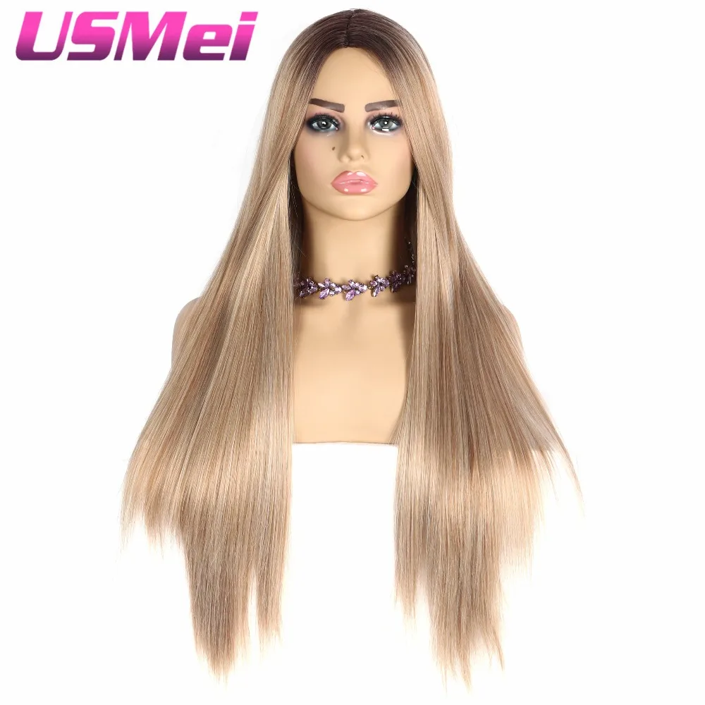 USMEI 30 дюймов длинный прямой черный корень Омбре парик блонд коричневый синтетические парики Термостойкое волокно для женщин Косплей средняя часть