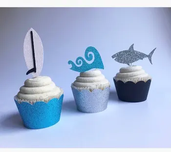 

glitter Shark Week surfing Birthday cupcake toppers, Baby Shower, Gender Neutral Shower cupcake toppers decors