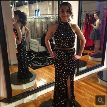 

Two Piece mermaid chiffon black Prom Dress 2017 High Neck Beading Crystal open back sexy prom gowns best selling prom dresses