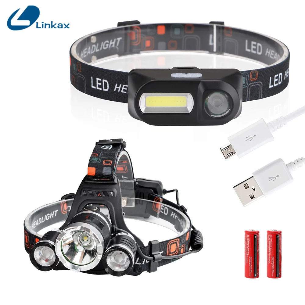

Aluminum XM-L T6 COB Rechargeable Headlamp With 18650 USB Cable 4 switch modes Head light lamp AC 100-240V Headlight
