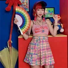 Harajuku стиль Лолита плед весенние летние юбки женская юбка молодых девушек с цепочкой большой карман вечерние Милая юбка CC112