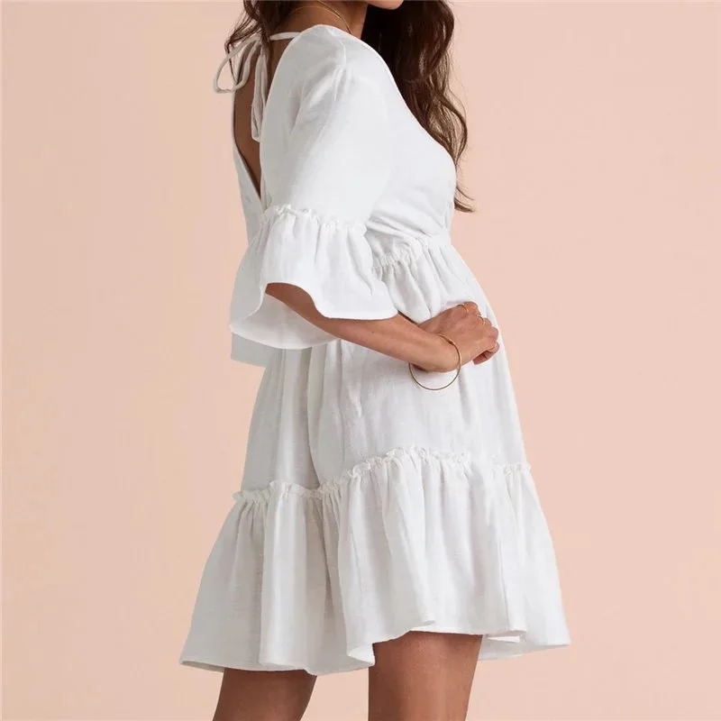 White Cotton Deep V Neck Beach Cover Up Sarong Beach Dress Tunic Bikini Kaftan Swimsuit Cover Up image 3