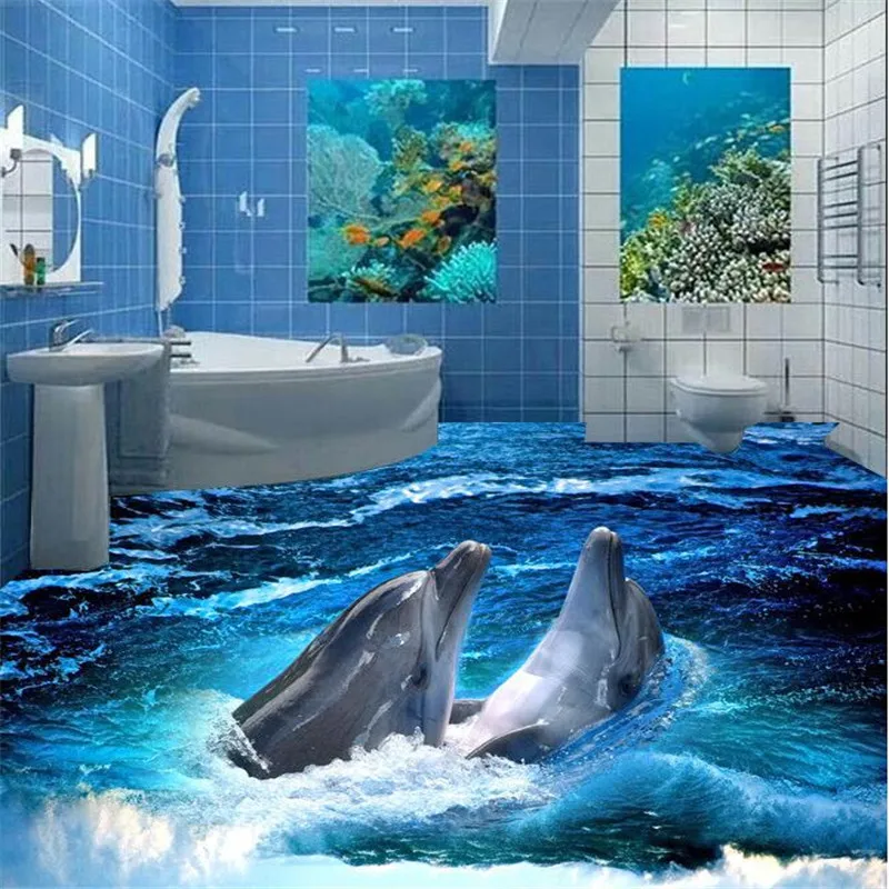 beibehang Floor Wallpaper Stereoscopic Dolphin Ocean Bathroom wall Floor Mural PVC Wallpaper Self-adhesive Floor painting