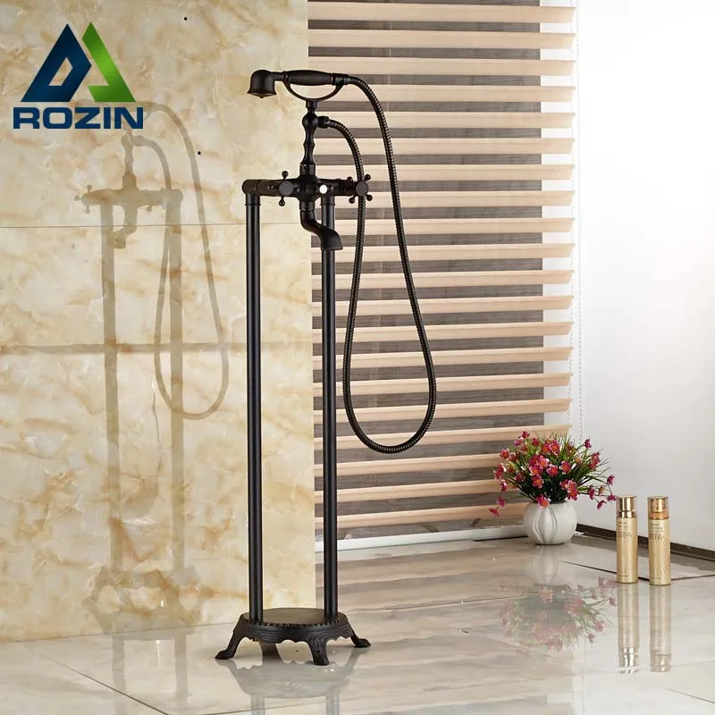 

Dual Cross Handle Floor Mount Bathtub Mixer Faucet with Handheld Shower Black Bronze Bathtub Sink Faucet Swive Spout Mixer Tap