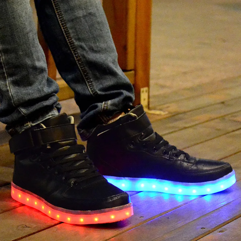 Women Men Gold Silver USB LED Light Up Shoes High Top Luminous Casual Sneakers