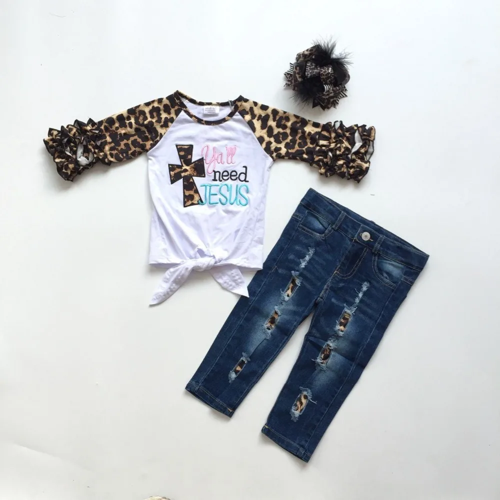 Осенняя одежда для маленьких девочек топ с леопардовым принтом и рукавами и джинсовые штаны эксклюзивная Одежда с бантом