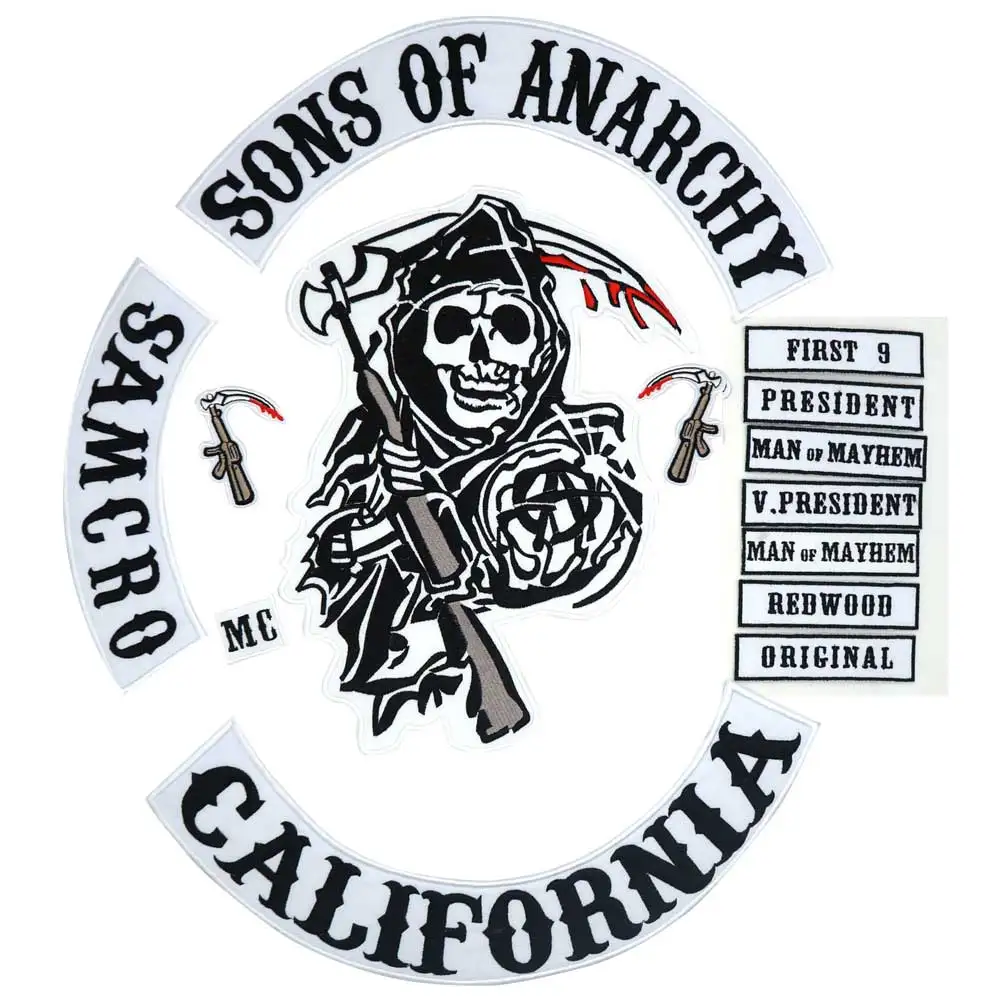 Koop 2015 Originele Zoon Van Jas Terug Geborduurde Anarchy Biker Rider Patch BACKING Geborduurde biker Patches Badge 14 stks partij