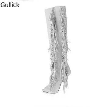 

Elegant Women Fashion Milk White Brown Suede Leather Stylish Long Boots Peep Toe Side Tassel Design Knee High Fringe Dress Pumps