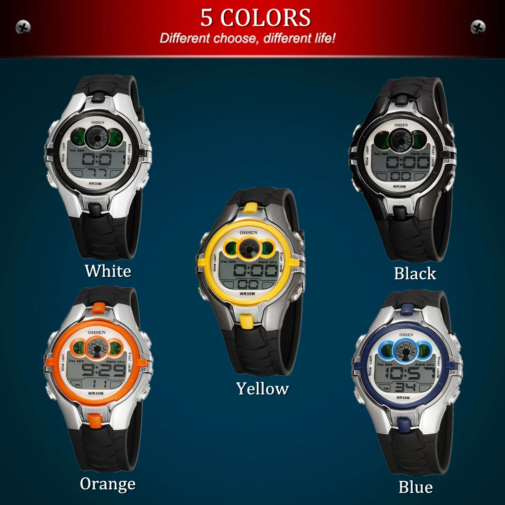Ohsen цифровой бренд lcd модные детские часы для мальчика резиновый ремешок 30 м Водонепроницаемые Оранжевые Детские наручные часы будильник ручные часы подарки