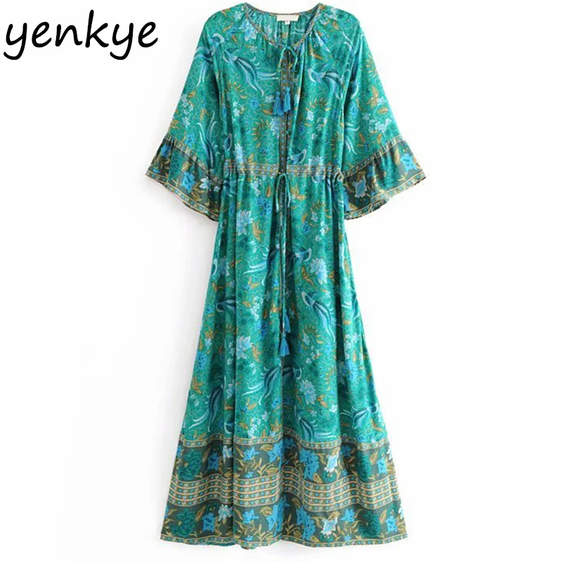 

Holiday Summer Dress 2019 Women Lace Up V Neck Green Print Beach Boho Dress Female Butterfly Sleeve A-line Long Maxi Dress
