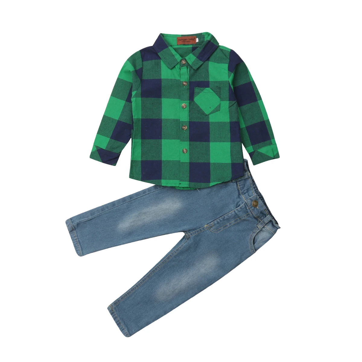 

Toddler Kids Baby Boys Plaids Tops Long Sleeve shirt Denim Long Pants Outfits Clothes Set 2019