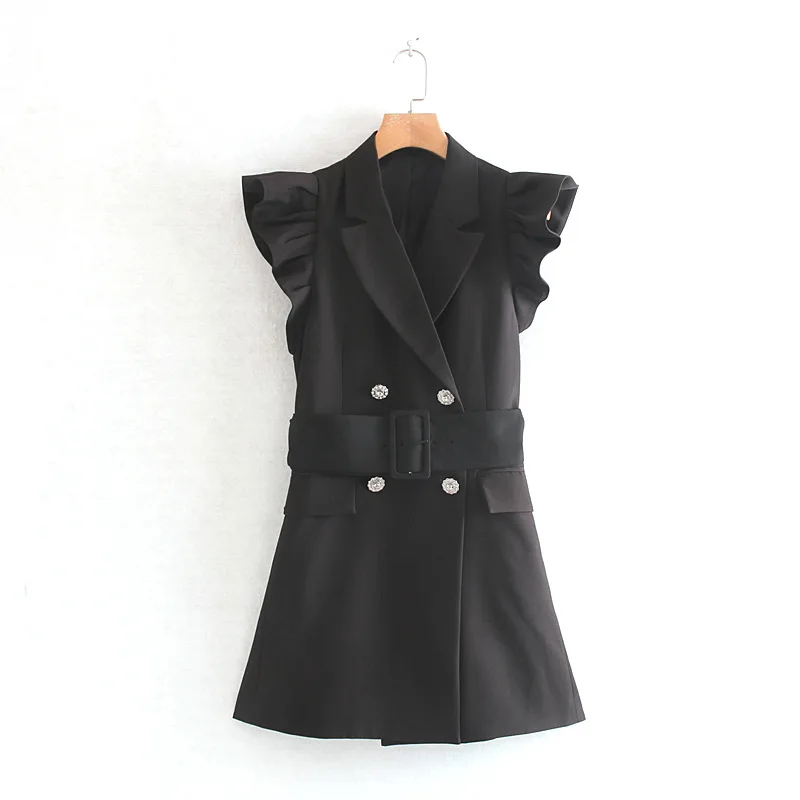 

QZ609 Summer Women Black Color Ruffles Deco Notched Neck Slim Waist Tank Dress Chic Rhinestone Buttons Vestidos