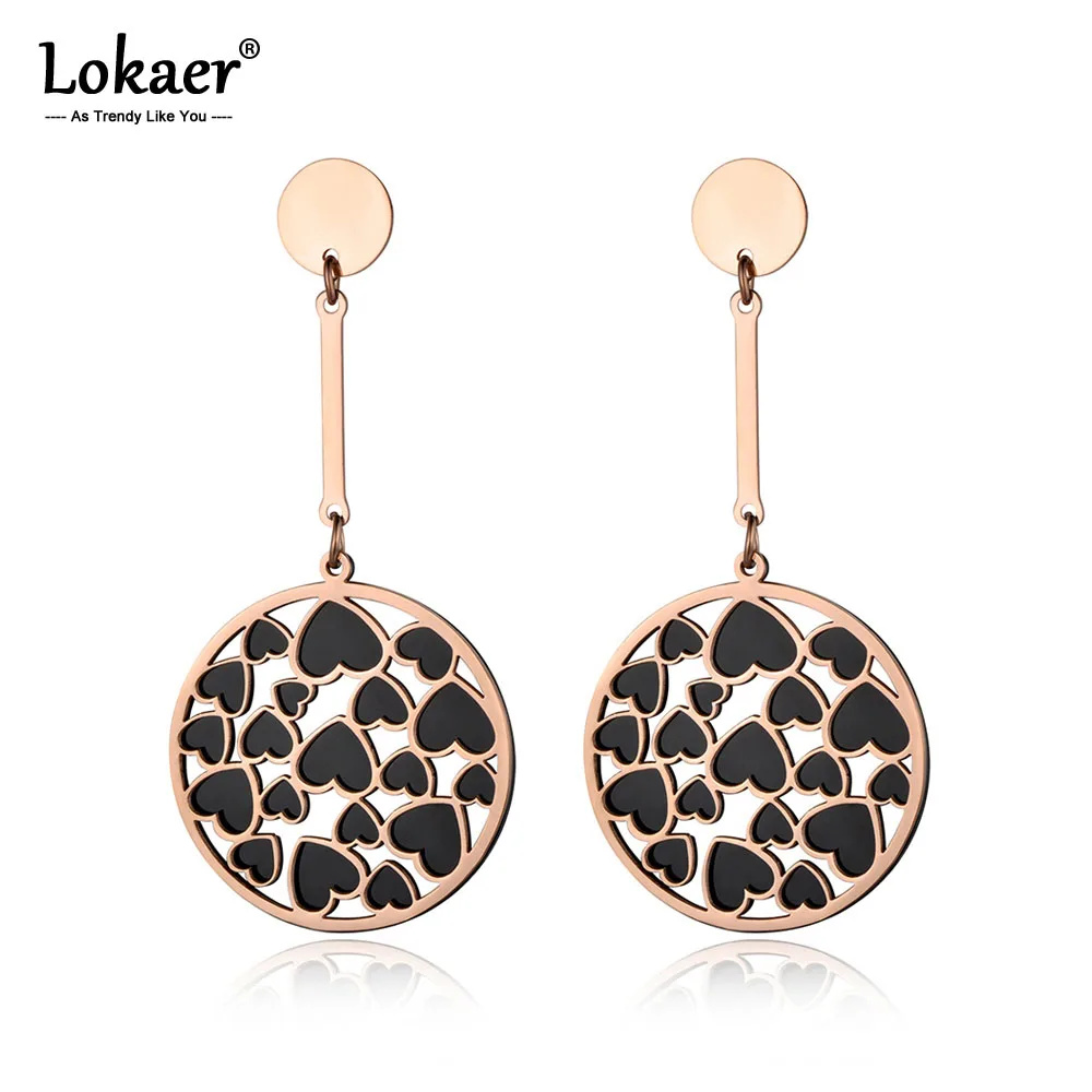 

Lokaer Trendy Black Acrylic Heart Shape Double Layers Earrings Rose Gold Stainless Steel Jewelry Aretes De Mujer Women E18092