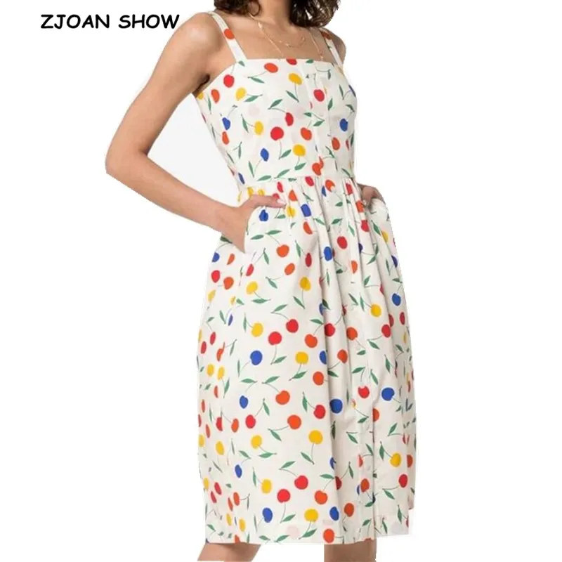 

2019 Retro Colored Cherry Print Spaghetti Strap Dress French Woman Single-breasted Buttons Swing Sling Holiday Dresses Beach