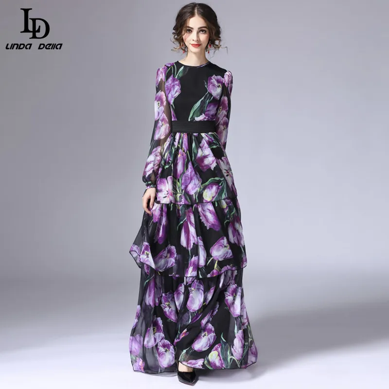 Женское длинное платье тюльпан LD LINDA DELLA подиумное винтажное многоярусное макси с