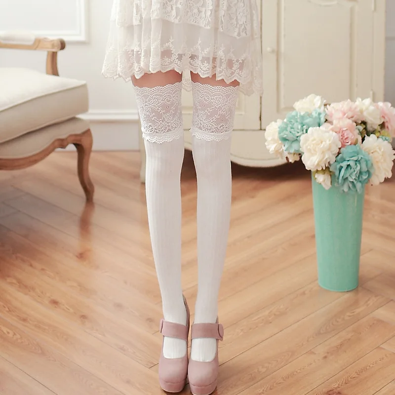 Fashion 7 Colors Hollow Sexy Knee Socks Warm Solid Cotton Striped Women Lace Stocking Autumn Spring Cotton Stockings Sexy Medias