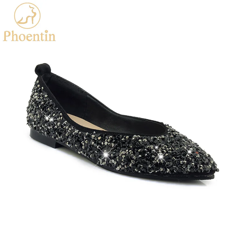 

Phoentin black flat women shoes slip on 2019 bling baleriny damskie pointy party shoes size 43 44 45 crystal flats solid FT600