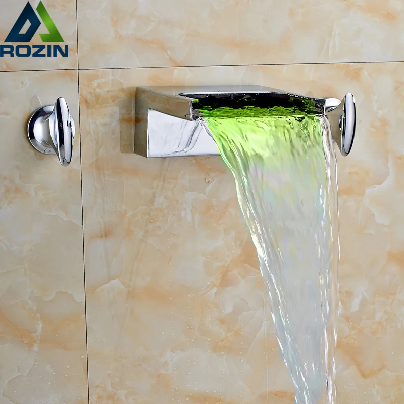 

LED Light Wall Mount Waterfall Spout Basin Faucet Chrome Finished Dual Handle Bathroom Mixer Water Tap