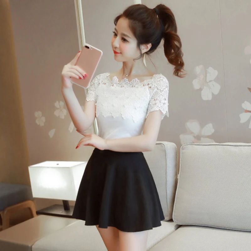 New Women Lace Blouse And Shirt Casual Off Shoulder Top Sexy Short Sleeve White Blouse Ladies Summer Hollow Elegant Blouses W1