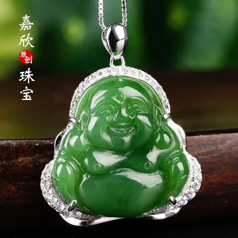 

pendant with a certificate of 925 sterling silver with natural jade Buddha smiling Buddha pot-bellied fo jade pendant