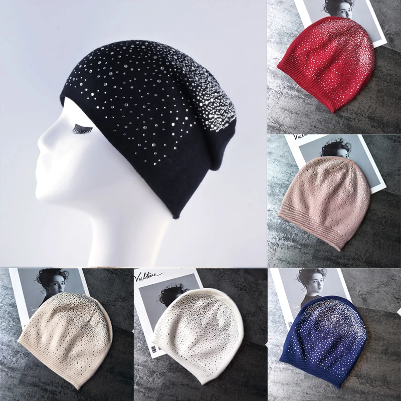 

Fashion Women's Winter Hat Knitted Wool Beanie Female Skullies Casual Outdoor Mask Ski Caps Thick Warm Hats for Rhinestones Hat